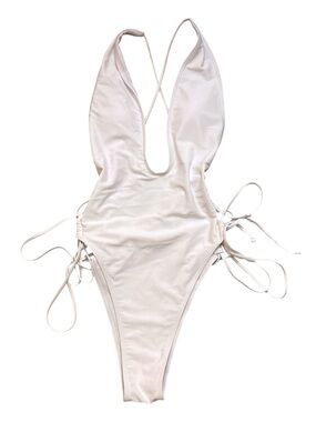 Women’s White One-Piece Swimsuit with Side Ties and Open Back